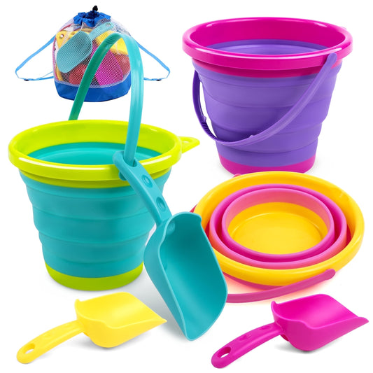 3 Packs Collapsible Bucket with Shovels & Mesh Bag, Multi-Purpose Kids Sand Toys for Beach, Camping Gear, Beach Parties, and Fun Summer Activities